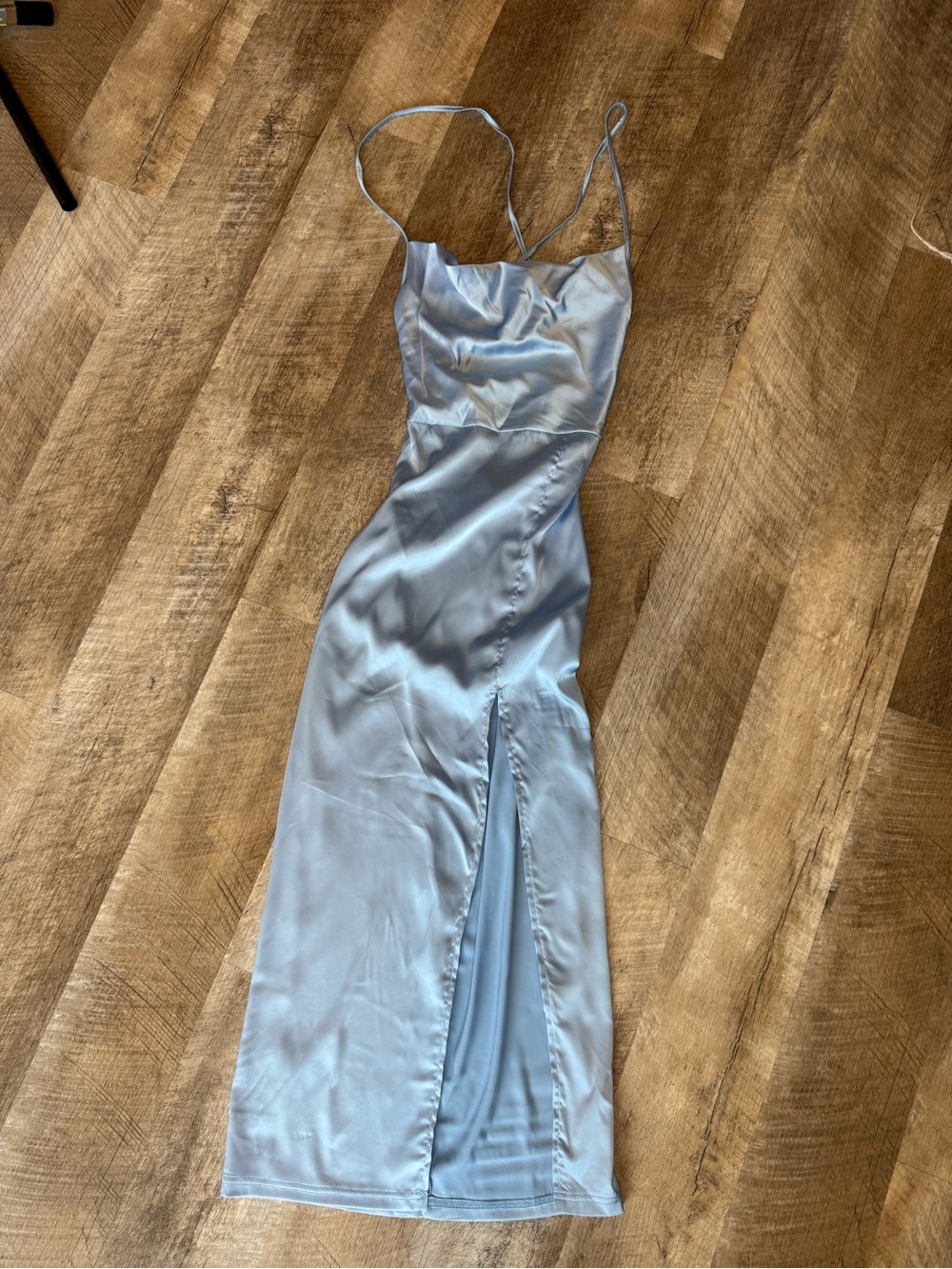 SHEIN Light Blue Satin Scoop/Draped Neck Maxi Dress, Front Slit at Mini Length